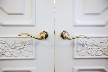 swing white doors with handles close-up to another room