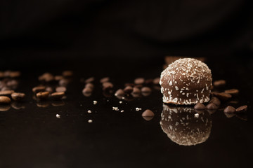 candies chocolate filled (coconut flavor, cream). food background. top view