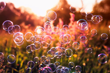  natural background with summer clear green meadow with pink flowers and soap bubbles brightly...