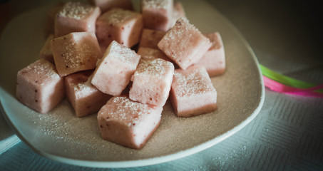 delicious fruit Turkish delight with coconut crumb.Lokum