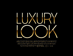 Vector stylish emblem Luxury Look. Royal Gold Unique Font. Elite slim Alphabet Letter, Numbers and Symbols.