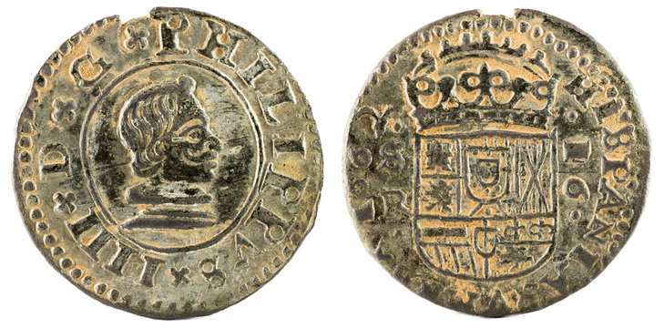 Ancient Spanish copper coin of King Felipe IV. 1662. Coined in Sevilla. 16 Maravedis.