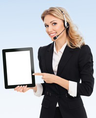 support phone operator showing blank no-name tablet pc monitor