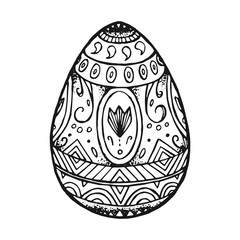 Painted hand drawn Easter egg. Doodle illustration. Egg with patterns. Can be used as a coloring page, holiday card, print.