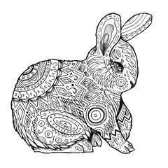 Doodle hand drawn illustration. The rabbit, hare with patterns. Can be used as coloring page, holiday card, print.