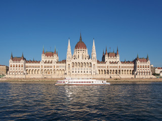 Fototapeta na wymiar View of the Hungarian Parliament, Orszaghaz, and the Danube river