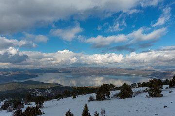 Aerial view of Lake Salda in the southern province of Burdur’s Yeşilova district has been...
