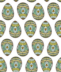 Seamless texture with colored hand drawn Easter egg. Repeating pattern. Can be used as wallpaper, desktop, wrapping, fabric or background for your blog, covers, cards, Easter celebration.