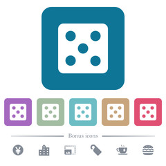Dice five flat icons on color rounded square backgrounds