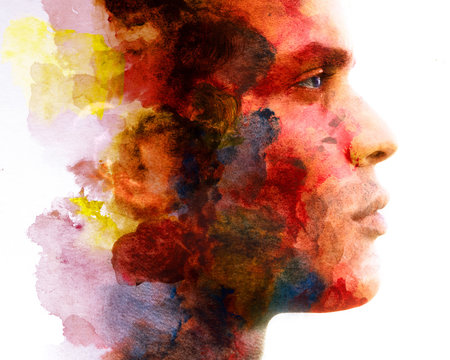Paintography. Double exposure of an attractive male model combined with hand drawn ink paintings with depth and texture, colorful