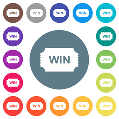 Winner ticket flat white icons on round color backgrounds