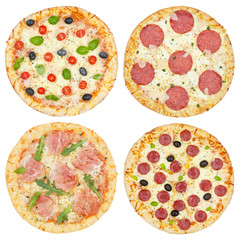 Pizzas Pizzen Pizza Collage von oben freigestellt Freisteller isoliert