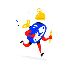 Cartoon character is an alarm clock. Time is running out. The clock is ringing. Time runs away. Image is isolated on white background. Flat illustration for sign, print and website. Timing.