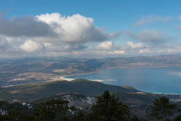 Aerial view of Lake Salda in the southern province of Burdur’s Yeşilova district has been reputed as “Turkey’s Maldives” in recent years for its white beach and clear water.