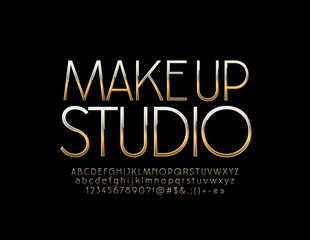 Vector logo Make up Studio with Golden Font. Luxury metallic Alphabet Letters, Numbers and Symbols.