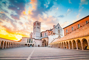 Basilica of St. Francis of Assisi at sunset, Assisi, Umbria, Italy - obrazy, fototapety, plakaty