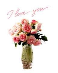 Поздравление с Днем Святого Валентина. Счастливого дня Святого Валентина. Красивый букет розовых роз на белом фоне. Изолированный. Для тебя. Я тебя люблю. Сорт Eden Rose или Pierre de Ronsard.