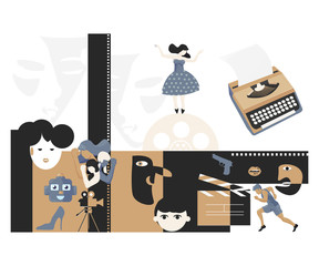 Cubism Styled Vector Illustration for Indie Movie Film Festivals or Independent Filmmakers. Indie cinematography cinema film making scriptwriting screenwriting vintage concept.