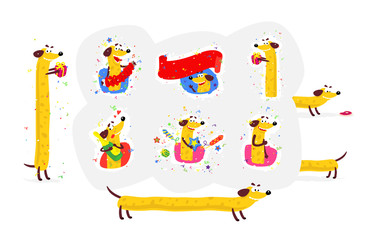 Obraz premium Illustration of a yellow dog. Dog stickers for banner, website and print. Images are isolated on background. Fashionable bright illustration. Mascot for the store, brand. Cheese dog, hot dog.