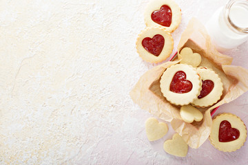 Heart shaped vanilla cookies with jam filling