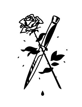A tattoo featuring a knife and a rose. Tattoo in the style of the old American school. Image is isolated on white background. Fashionable hipster's tattoo. Contour drawing.