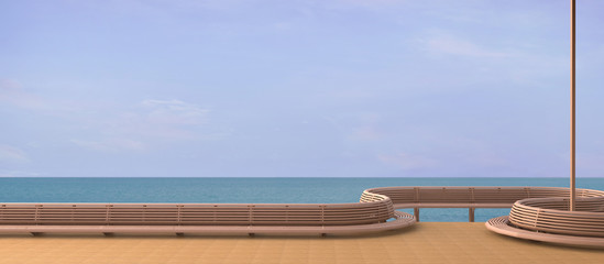 Beach lounge Sundeck and a terrace on the beach with summer sea views / / 3d render