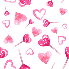 seamless texture. St. Valentine's Day. candy lollipops. a heart. love. watercolor