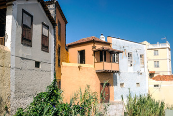 Facades of houses in La Orotava on a sunny day. La Orotava is a municipality belonging to the province of Santa Cruz de Tenerife, on the island of Tenerife.