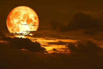 Printed roller blinds Full moon and trees snow moon back on silhouette heap cloud on sunset sky