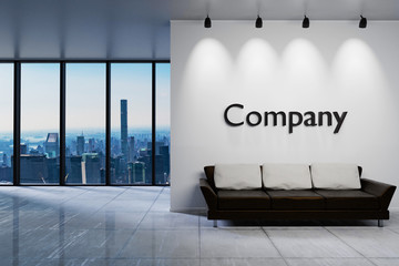 Modern clean office waiting area reception with skyline view, wall with company lettering, 3D Illustration