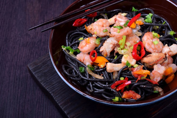 Black spaghetti with cuttlefish ink and seafood