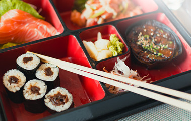 Sushi Japanese food bento box with chopstick