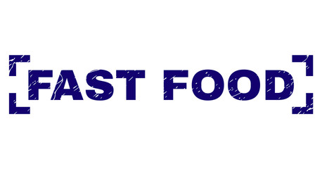 FAST FOOD text seal print with distress texture. Text caption is placed between corners. Blue vector rubber print of FAST FOOD with scratched texture.