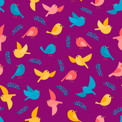 Pattern with colorful flying birds isolated on violet.