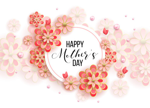 Happy mother's day layout design with roses, lettering, ribbon, frame, dotted background. Vector illustration.  Best mom / mum ever cute feminine design for menu, flyer, card, invitation.