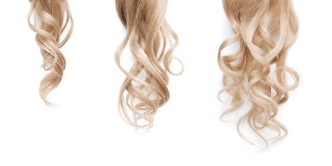Blond long wavy hair on a white background. Growth process step by step