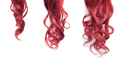 Pink long wavy hair on a white background. Growth process step by step