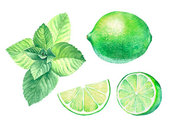 Collection image of mint leaves and lime.