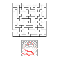 Black square maze with entrance and exit. An interesting and useful game for children. Simple flat vector illustration isolated on white background. With the answer.