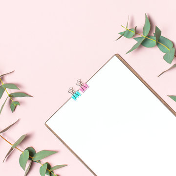 Flat lay clipboard with blank paper, green eucalyptus branches on pastel pink background. Top view female office workspace minimal mock up template concept, copy space. Feminine floral desktop