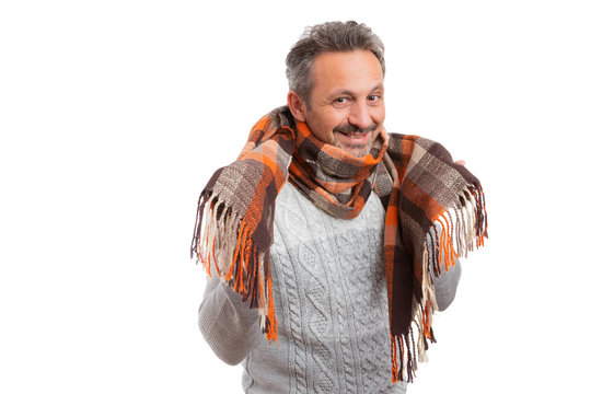 Man Showing Scarf Around Neck.