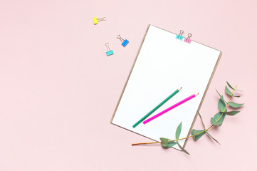 Flat lay clipboard with blank paper, colour pencils, clips, eucalyptus branches on pink background. Top view female office workspace minimal mock up template concept copy space Feminine floral desktop