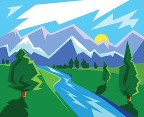 card with a sunny stylized landscape
