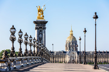 Pont Alexandre III Bridge with Hotel des Invalides. Paris, France