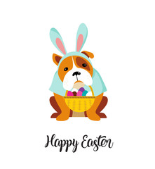 Happy Easter card, dog wearing bunny costume