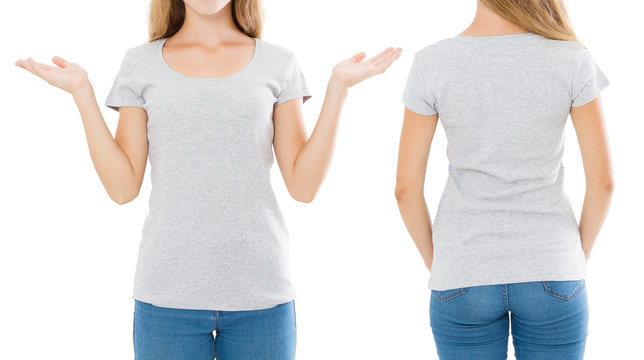 Close Up Of Gray T Shirt Set. Woman In Blank Template Tshirt With Copy Space Isolated On White Background. Front And Rear View. Mock Up