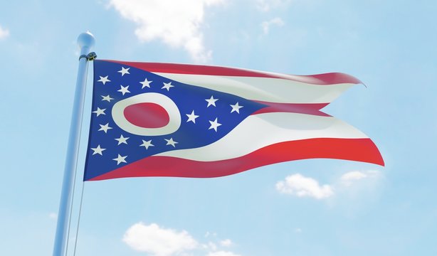 Ohio (USA) flag waving against blue sky. 3d image