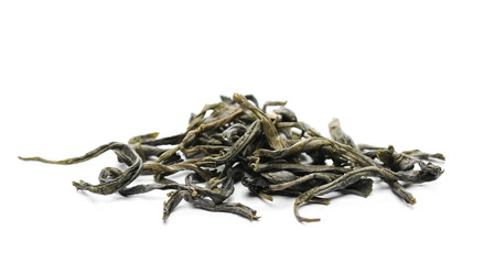 Green tea leaves isolated on white background, macro