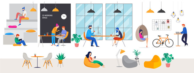 Co-working space, concept illustration. Young people working on laptops and computers on shared modern office workplace. Vector flat style illustration