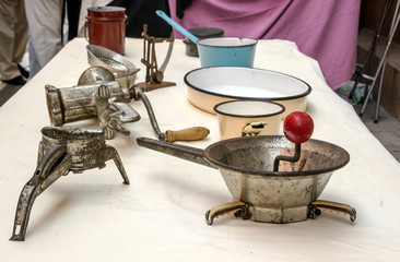 Aluminum utensils in a medieval market in Pamplona, Spain.
